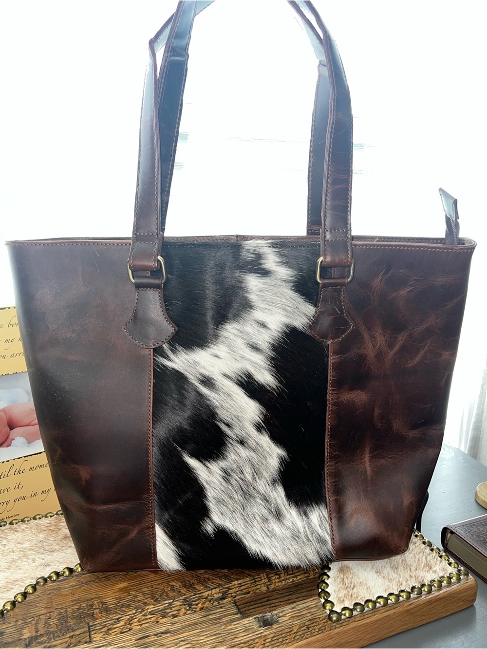 Countryside Co. Brown Leather Tote with Black & White Hair on Hide